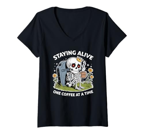 Damen Lustiges Skelett-Kaffeeliebhaber, ein Kaffee nach dem anderen, dunkler Humor T-Shirt mit V-Ausschnitt Damen Lustiges Skelett-Kaffeeliebhaber, ein Kaffee nach dem anderen, dunkler Humor T-Shirt mit V-Ausschnitt von Dark Roast Humor & Skeleton Coffee Lover Merch
