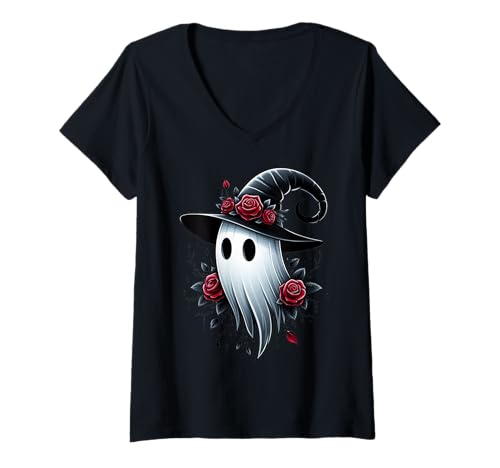 Damen Hexengeist mit Rosen Halloween Motiv T-Shirt mit V-Ausschnitt Damen Hexengeist mit Rosen Halloween Motiv T-Shirt mit V-Ausschnitt von Dark RoseHalloween