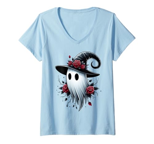 Damen Hexengeist mit Rosen Halloween Motiv T-Shirt mit V-Ausschnitt von Dark RoseHalloween