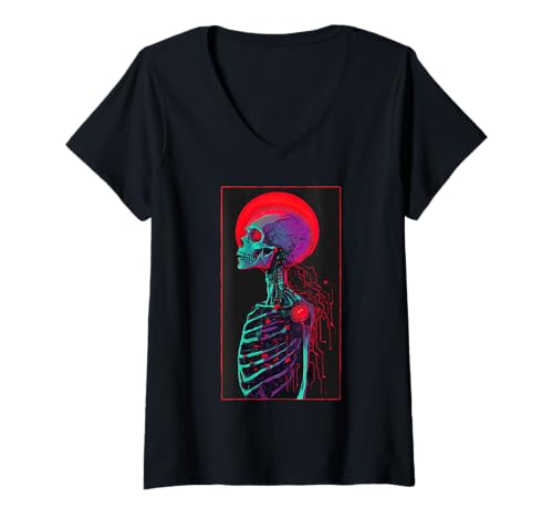 Damen Gruseliges digitales Skelett Cyber Gothic Retro Futurismus T-Shirt mit V-Ausschnitt Damen Gruseliges digitales Skelett Cyber Gothic Retro Futurismus T-Shirt mit V-Ausschnitt von Dark Sci-Fi Futuristic Skeleton Cyborg Punk Design