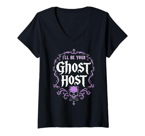 Damen I'll Be Your Ghost Host Dark Haunted Skull Halloween Vibe T-Shirt mit V-Ausschnitt Damen I'll Be Your Ghost Host Dark Haunted Skull Halloween Vibe T-Shirt mit V-Ausschnitt von Dark Spooky Enthusiast Halloween Party Costume