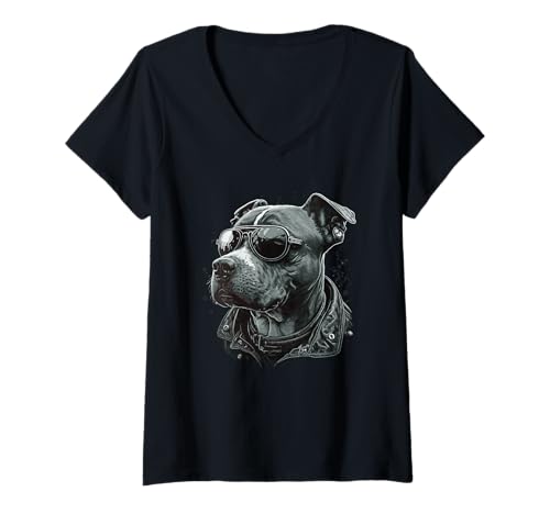 Damen American Staffordshire Terrier Rocker T-Shirt mit V-Ausschnitt Damen American Staffordshire Terrier Rocker T-Shirt mit V-Ausschnitt von Dark Stafford Dog Love