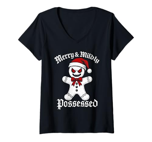 Damen Gruseliger Lebkuchen-Gothic-Stil, Weihnachtsbacken T-Shirt mit V-Ausschnitt Damen Gruseliger Lebkuchen-Gothic-Stil, Weihnachtsbacken T-Shirt mit V-Ausschnitt von Dark XMAS Occult Design for Pastry Bakers
