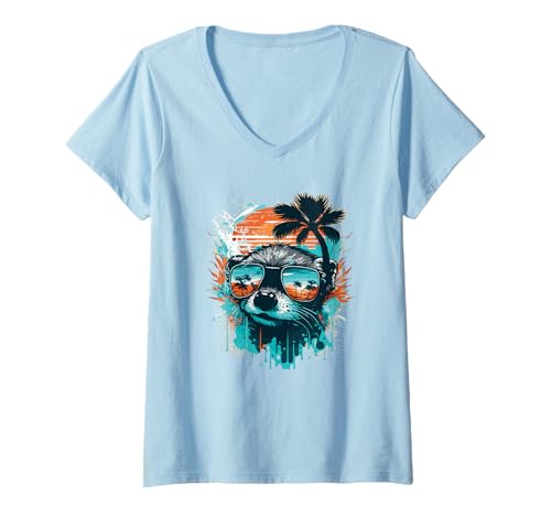 Damen Fischotter im Urlaub T-Shirt mit V-Ausschnitt Damen Fischotter im Urlaub T-Shirt mit V-Ausschnitt von Dark otter love