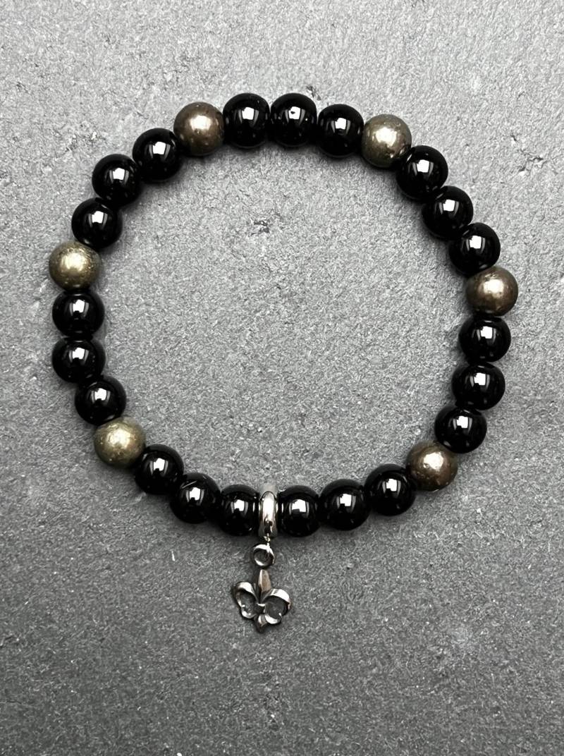 Royal Spirit - Charms Armband Mit Onyx & Pyrit Fleur-De-Lis Symbol Kraftvoller Edelsteinarmband 8 Mm Handmade von DarkAngelSchmuck