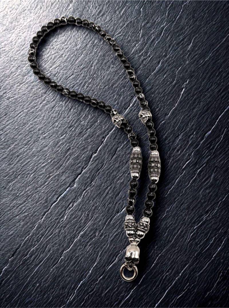 Onyx Hämatit Halskette Herren - Handgemachter Biker Schmuck Mit Totenkopf Aus Edelstahl, Edelstein Kette Dark Fusion von DarkAngelSchmuck