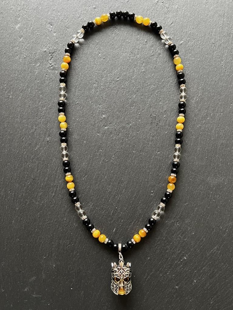 Knight Skull - Perlenkette Damen Mit Ritterschädel Onyx, Tigerauge, Bergkristall & Strass Handgemacht Edelstein Schmuck Rocker Style von DarkAngelSchmuck