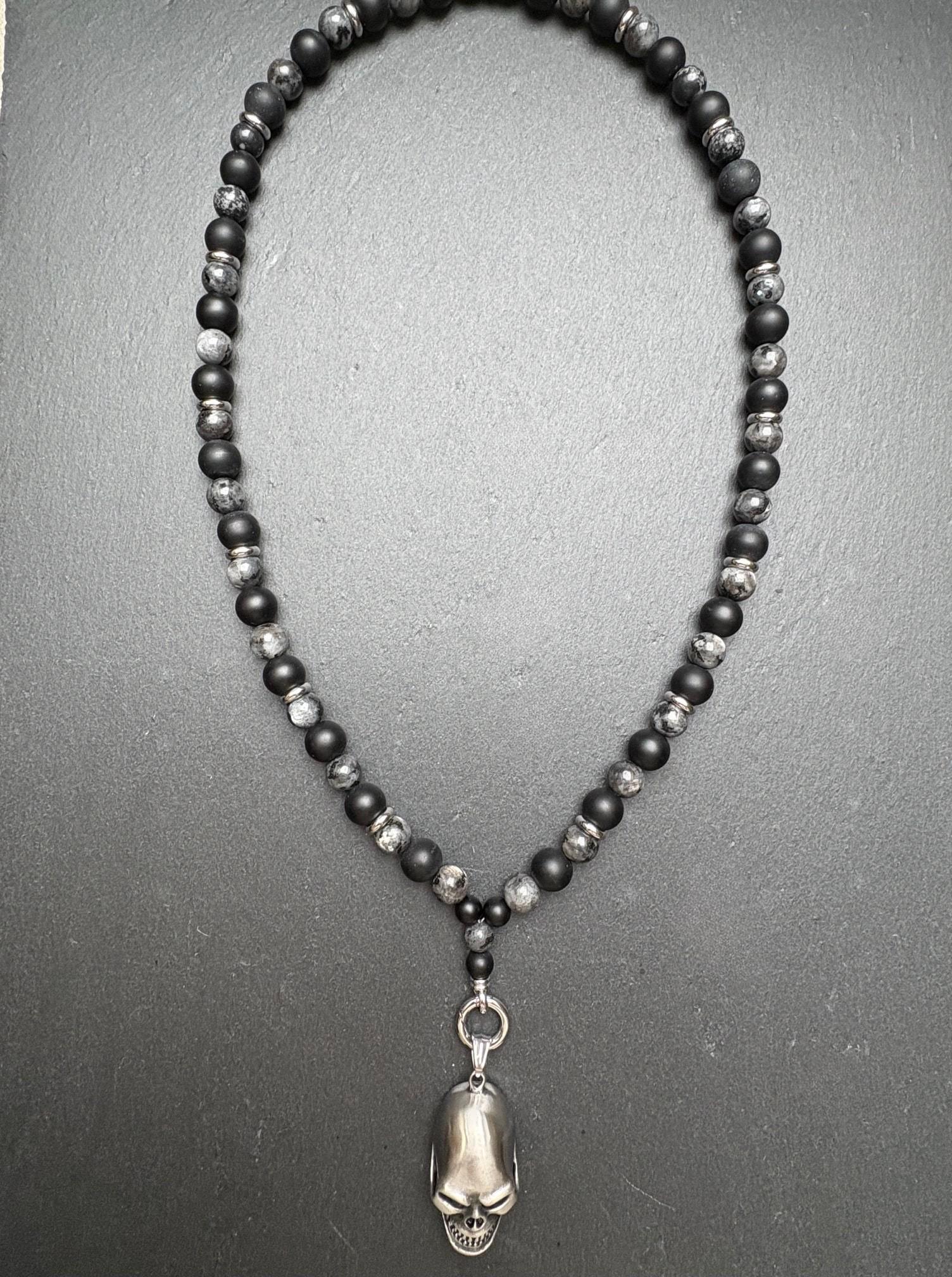 Onyx Labradorit Halskette Herren - Handgemachter Biker Schmuck Mit Totenkopf Aus Edelstahl, Edelstein Kette Skull Dreams von DarkAngelSchmuck