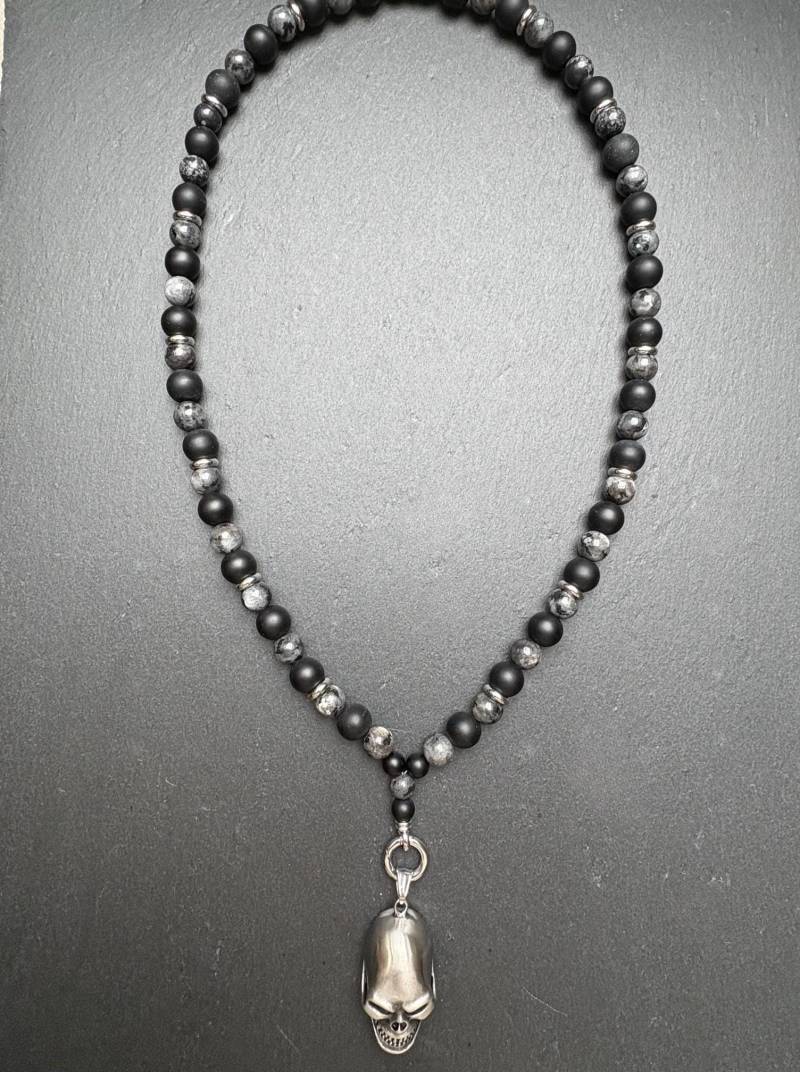 Onyx Labradorit Halskette Herren - Handgemachter Biker Schmuck Mit Totenkopf Aus Edelstahl, Edelstein Kette Skull Dreams von DarkAngelSchmuck