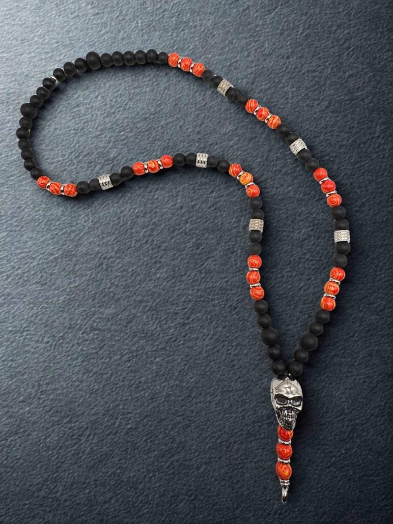 Onyx Malachit Halskette Herren Mit Totenkopf - Biker Schmuck Edelstahlkette Crazy Blaze Handgemachter Edelsteinschmuck von DarkAngelSchmuck