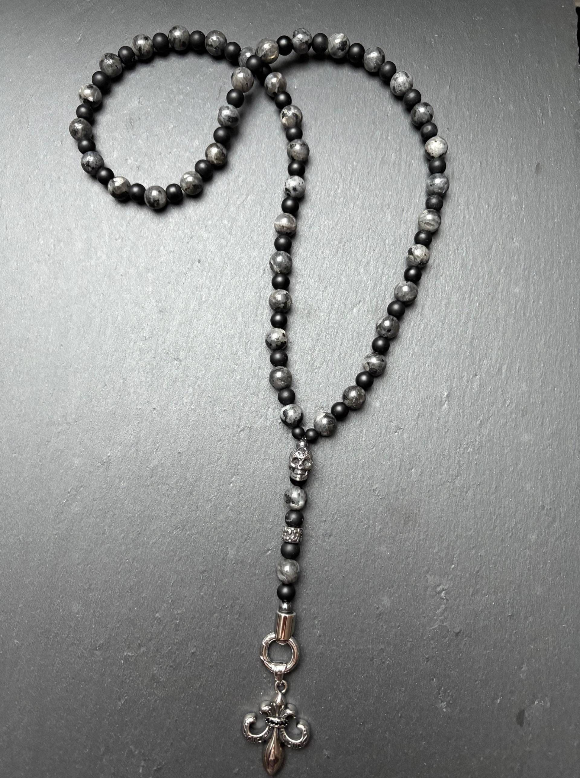 Onyx & Labradorit Kette Mit Totenkopf U. Fleur De Lis - Handgemacht, Bikerschmuck Herren, Rocker Gothic Halskette, Opt. Anhänger, Grey Royal von DarkAngelSchmuck