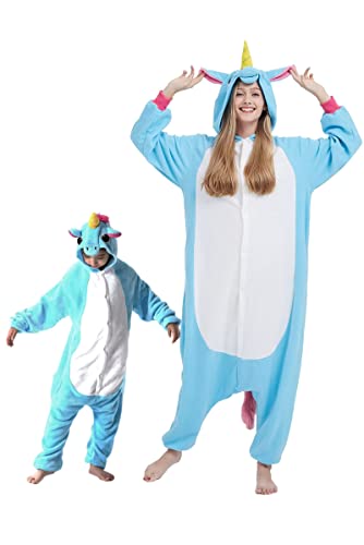 DarkCom Blau Einhorn Onesie für Kinder und Erwachsene,Eltern-Kind Karneval Schlafanzug Cosplay Halloween Tierkostüm Weihnachten Pyjamas 8-9 Years von DarkCom