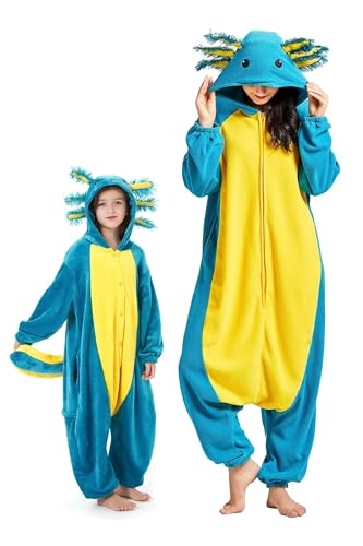DarkCom Blauer Axolotl Onesie für Kinder und Erwachsene,Eltern-Kind Karneval Schlafanzug Cosplay Halloween Tierkostüm Weihnachten Pyjamas 2-3 T von DarkCom