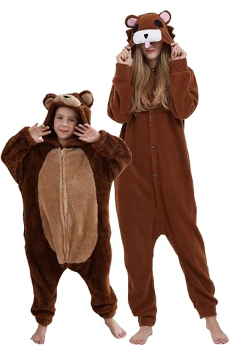 DarkCom Braunbär Onesie für Kinder und Erwachsene,Eltern-Kind Karneval Schlafanzug Cosplay Halloween Tierkostüm Weihnachten Pyjamas 10-11 Years von DarkCom