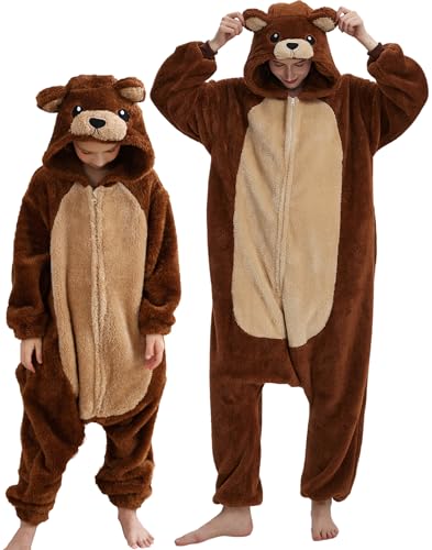DarkCom Braunbär Onesie für Kinder und Erwachsene,Eltern-Kind Karneval Schlafanzug Cosplay Halloween Tierkostüm Weihnachten Pyjamas 6-7 Years von DarkCom