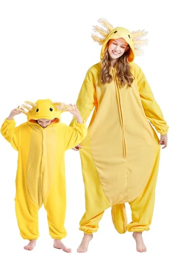 DarkCom Gold Axolotl Onesie für Kinder und Erwachsene,Eltern-Kind Karneval Schlafanzug Cosplay Halloween Tierkostüm Weihnachten Pyjamas 12-13 Years von DarkCom