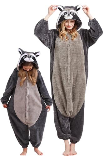 DarkCom Grauer Waschbär Onesie für Kinder und Erwachsene,Eltern-Kind Karneval Schlafanzug Cosplay Halloween Tierkostüm Weihnachten Pyjamas 12-13 Years von DarkCom