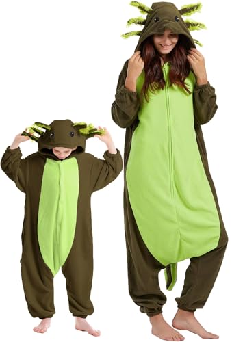 DarkCom Grüner Axolotl Onesie für Kinder und Erwachsene,Eltern-Kind Karneval Schlafanzug Cosplay Halloween Tierkostüm Weihnachten Pyjamas S von DarkCom