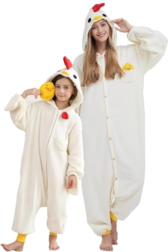 DarkCom Huhn Onesie für Kinder und Erwachsene,Eltern-Kind Karneval Schlafanzug Cosplay Halloween Tierkostüm Weihnachten Pyjamas 10-11 Years von DarkCom