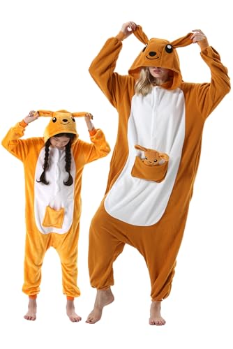 DarkCom Känguru Onesie für Kinder und Erwachsene,Eltern-Kind Karneval Schlafanzug Cosplay Halloween Tierkostüm Weihnachten Pyjamas 4-5 T von DarkCom