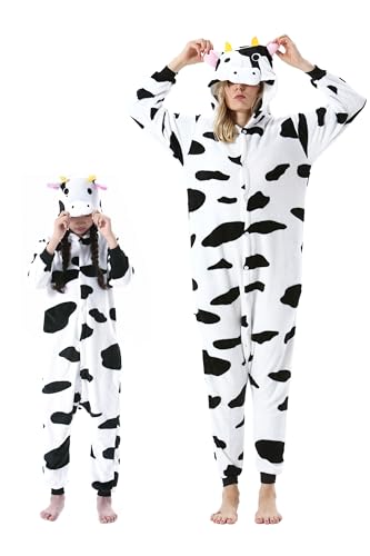 DarkCom Kuh Onesie für Kinder und Erwachsene,Eltern-Kind Karneval Schlafanzug Cosplay Halloween Tierkostüm Weihnachten Pyjamas 8-9 Years von DarkCom