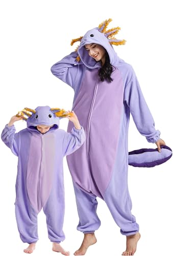 DarkCom Lila Axolotl Onesie für Kinder und Erwachsene,Eltern-Kind Karneval Schlafanzug Cosplay Halloween Tierkostüm Weihnachten Pyjamas L von DarkCom