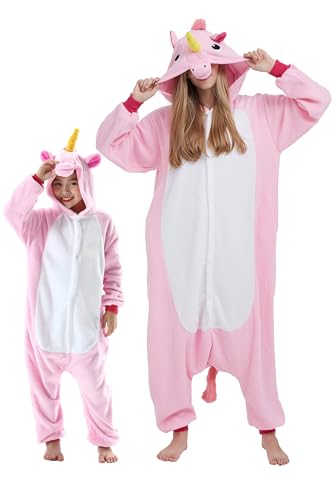 DarkCom Rosa Einhorn Onesie für Kinder und Erwachsene,Eltern-Kind Karneval Schlafanzug Cosplay Halloween Tierkostüm Weihnachten Pyjamas 8-9 Years von DarkCom