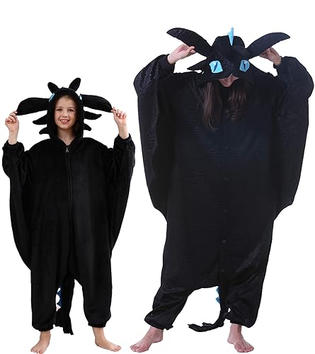 DarkCom Schwarzer Drache Onesie für Kinder und Erwachsene,Eltern-Kind Karneval Schlafanzug Cosplay Halloween Tierkostüm Weihnachten Pyjamas 4-5 T von DarkCom