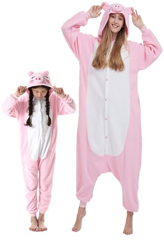 DarkCom Schwein Onesie für Kinder und Erwachsene,Eltern-Kind Karneval Schlafanzug Cosplay Halloween Tierkostüm Weihnachten Pyjamas 10-11 Years von DarkCom