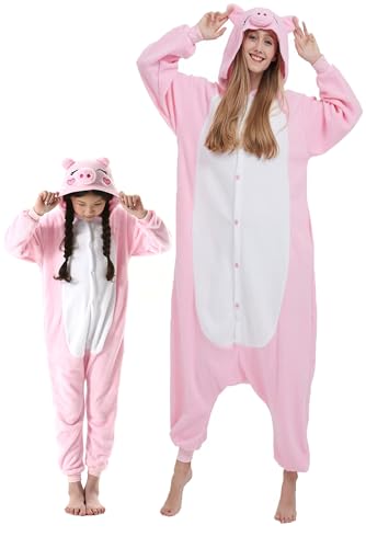 DarkCom Schwein Onesie für Kinder und Erwachsene,Eltern-Kind Karneval Schlafanzug Cosplay Halloween Tierkostüm Weihnachten Pyjamas L von DarkCom