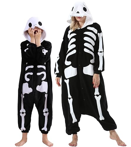 DarkCom Skelett Onesie für Kinder und Erwachsene,Eltern-Kind Karneval Schlafanzug Cosplay Halloween Tierkostüm Weihnachten Pyjamas 8-9 Years von DarkCom