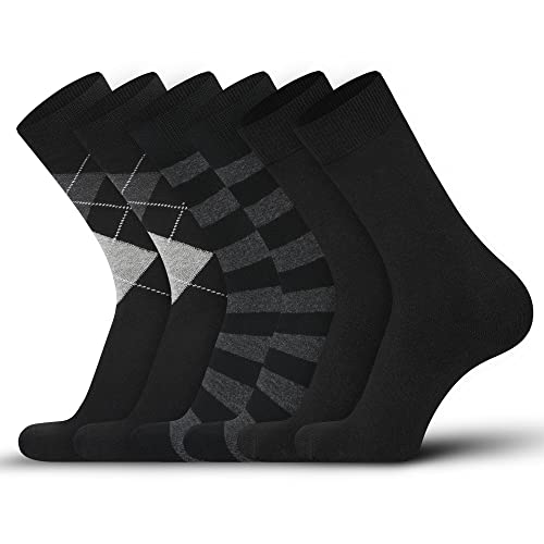 DarkCom Socken Herren 39-42, Business Socken, Weich, Langlebig, Kein Einlaufen, 6 Paar Schwarz Argyle Streifen 39-42 von DarkCom