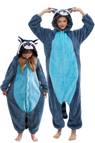 DarkCom Tier Cosplay Pyjama,Blauer Waschbär Eltern & Kinder Onesie, Weich und Bequem Schlafanzug,Perfekt Familienfest Halloeen & Weihnachten 8-9 Jahre von DarkCom