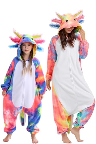 DarkCom Tier Cosplay Pyjama,Gefärbter Axolot-Rot Eltern & Kinder Onesie, Weich und Bequem Schlafanzug,Perfekt Familienfest Halloeen & Weihnachten 8-9 Jahre von DarkCom