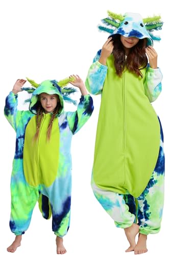 DarkCom Tier Cosplay Pyjama,Gefärbter Axolotl-Grün Eltern & Kinder Onesie, Weich und Bequem Schlafanzug,Perfekt Familienfest Halloeen & Weihnachten 6-7 Jahre von DarkCom