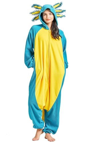DarkCom Tier Onesie Halloween Cosplay Blau Axolotl Kostüm Karneval Einteiliger Pyjamas Jumpsuit für Frauen und Männer XL von DarkCom