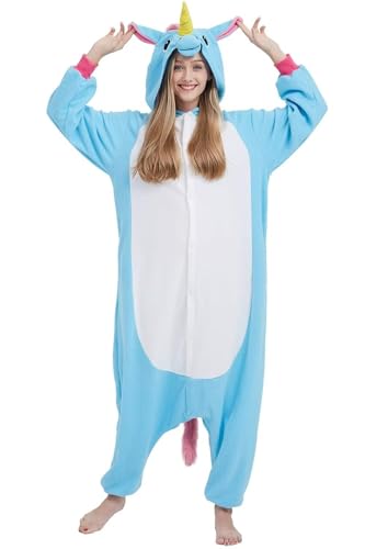 DarkCom Tier Onesie Halloween Cosplay Blau Einhorn Kostüm Karneval Einteiliger Pyjamas Jumpsuit für Frauen und Männer S von DarkCom