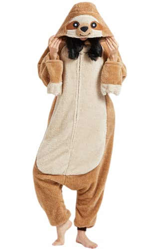 DarkCom Tier Onesie Halloween Cosplay Braun Faultier Kostüm Karneval Einteiliger Pyjamas Jumpsuit für Frauen und Männer M von DarkCom