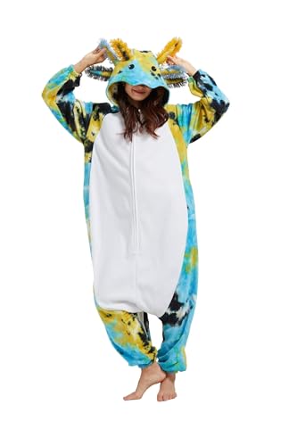 DarkCom Tier Onesie Halloween Cosplay Färberei Blau Axolotl Kostüm Karneval Einteiliger Pyjamas Jumpsuit für Frauen und Männer XL von DarkCom