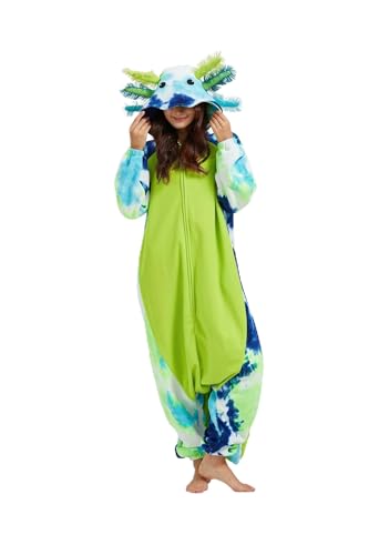 DarkCom Tier Onesie Halloween Cosplay Färberei Grün Axolotl Kostüm Karneval Einteiliger Pyjamas Jumpsuit für Frauen und Männer M von DarkCom