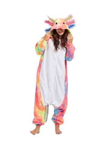 DarkCom Tier Onesie Halloween Cosplay Färberei Rot Axolotl Kostüm Karneval Einteiliger Pyjamas Jumpsuit für Frauen und Männer S von DarkCom