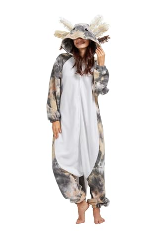 DarkCom Tier Onesie Halloween Cosplay Färberei Weiß Axolotl Kostüm Karneval Einteiliger Pyjamas Jumpsuit für Frauen und Männer S von DarkCom