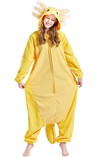 DarkCom Tier Onesie Halloween Cosplay Gold Axolotl Kostüm Karneval Einteiliger Pyjamas Jumpsuit für Frauen und Männer XL von DarkCom