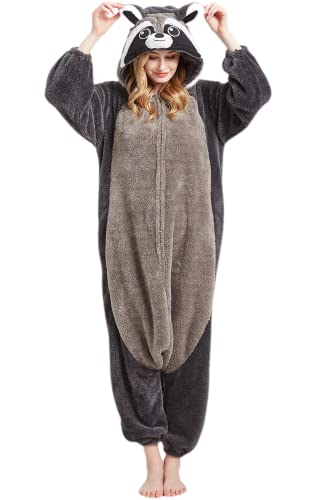 DarkCom Tier Onesie Halloween Cosplay Grau Waschbär Kostüm Karneval Einteiliger Pyjamas Overall für Frauen und Männer M von DarkCom