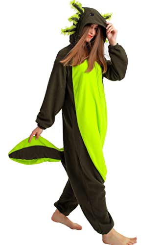 DarkCom Tier Onesie Halloween Cosplay Grün Axolotl Kostüm Karneval Einteiliger Pyjamas Jumpsuit für Frauen und Männer M von DarkCom