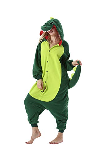 DarkCom Tier Onesie Halloween Cosplay Grün Dinosaurier Kostüm Karneval Einteiliger Pyjamas Jumpsuit für Frauen und Männer XL von DarkCom