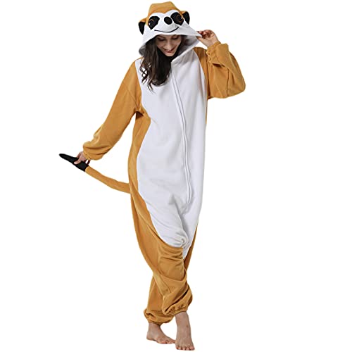 DarkCom Tier Onesie Halloween Cosplay Meerkat Kostüm Karneval Einteiliger Pyjamas Overall für Frauen und Männer M von DarkCom