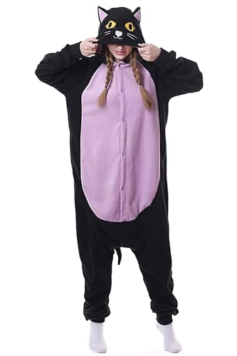 DarkCom Tier Onesie Halloween Cosplay Mitternachtskatze Kostüm Karneval Einteiliger Pyjamas Jumpsuit für Frauen und Männer L von DarkCom