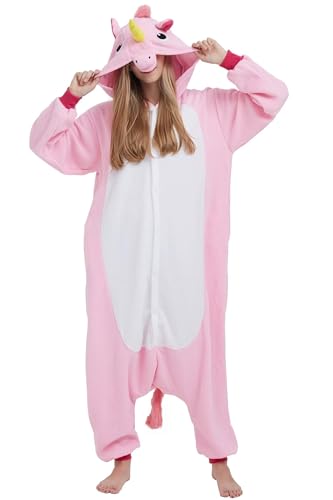 DarkCom Tier Onesie Halloween Cosplay Rosa Einhorn Kostüm Karneval Einteiliger Pyjamas Jumpsuit für Frauen und Männer M von DarkCom