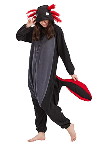 DarkCom Tier Onesie Halloween Cosplay Schwarz Axolotl Kostüm Karneval Einteiliger Pyjamas Overall für Damen und Herren M von DarkCom
